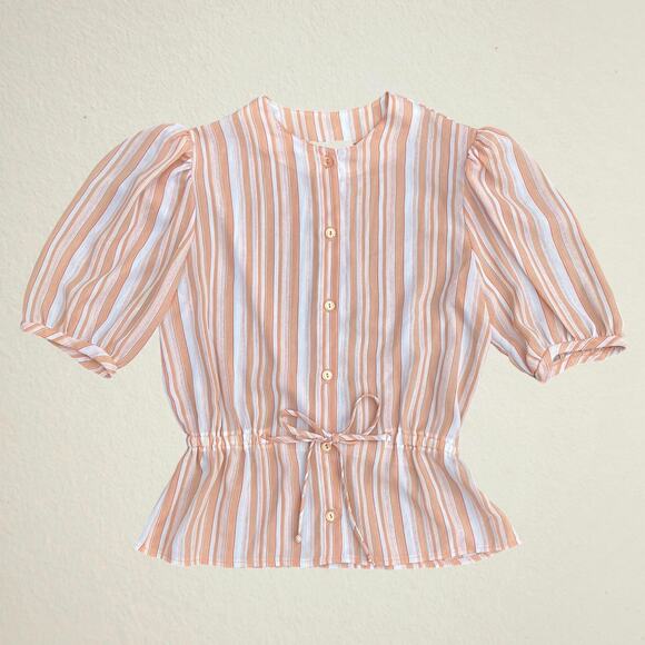 Vintage 70s striped button up blouse, short puff sleeve, cinched tie waist, prep - Picture 2 of 11